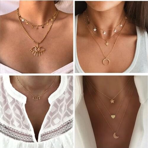 BLINLA Fashion Bohemian Heart Pendant Necklace 2020 for Women Gold Star Moon Multilayer Party Choker Necklace Vintage Jewelry