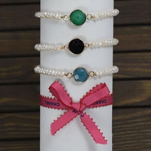 Simple basic bracelet agate middle stone real freshwater pearl jewelry stainless steel gold-plated chain bracelet for women 2020