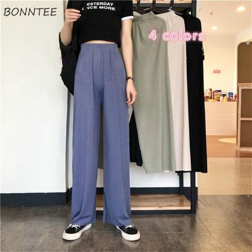 Wide Leg Pants Women Hot Sale Full Length Solid Simple High Elastic Waist Femme Trousers All-match Elegant Summer Chic Lady Pant