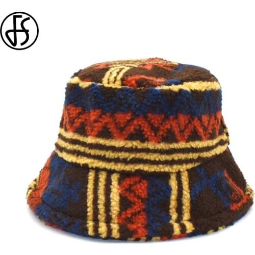 FS 2021 New Autumn Winter Ethnic Style Retro Lambswool Bucket Hats Brown Outdoor Warm Windproof Plush Fisherman Hat Bob Homme