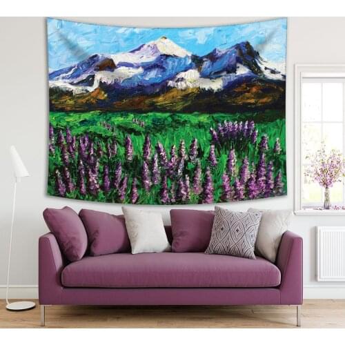 Tapestry Mountain and Wild with Meadow Flowers Grass Springtime Landscape Oil Painting Art in Green Purple Blue