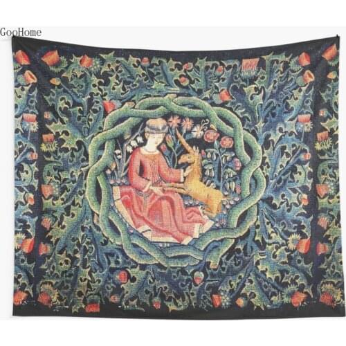 LADY AND UNICORN CROWN WITH RED THISTLES Antique Green Blue Floral Wall Tapestry Beach Towel Polyester Blanket Yoga Shawl Mat