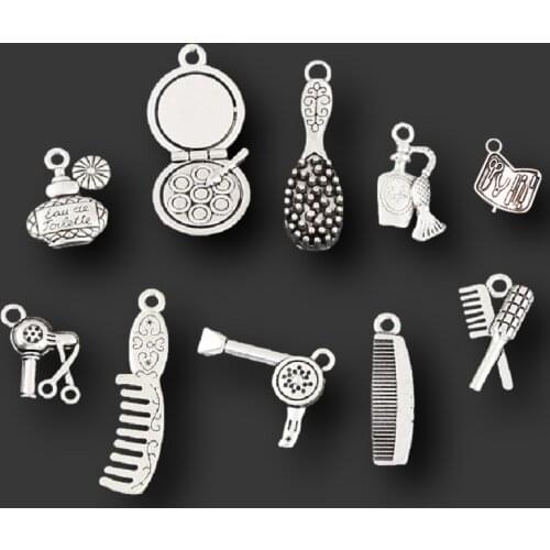 20pcs Mix Silver Plated Perfume Comb Hair Dryer Nail Bag Charms Making Fashion Girl Make Up Pendant Handmade Jewelry Accessories
