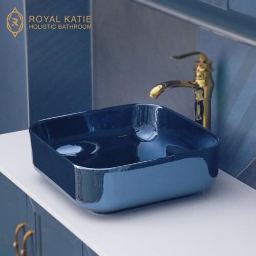 Nordic bathroom bathroom new personality blue ceramic washbasin square above counter basin
