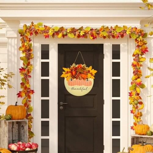 LUDA Pumpkin Maple Welcome Wreath Sign Thankful And Blessed Sign Harvest Fall Decoration Thanksgiving Hanging Wall Door Decor