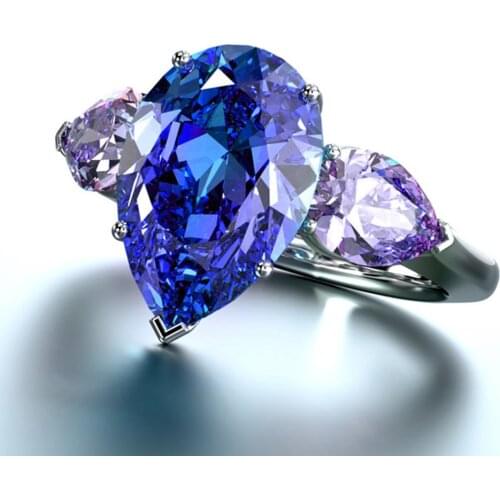 Miqiao New Romantic Simple Water Drop Shape Bule Purple Zircon Copper Rings for Men Women Couple Friend Fashion Gift Jewelry