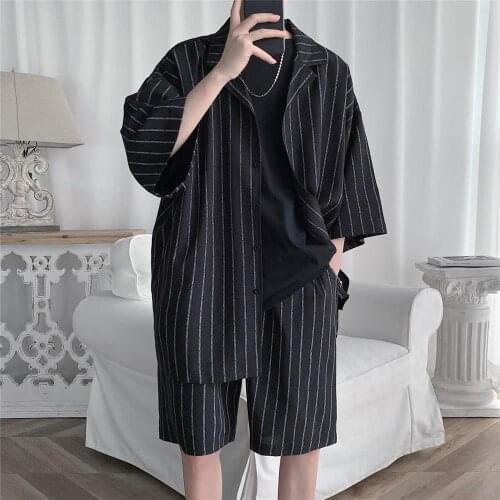 2021 Summer Men Set Shirts and Shorts Lightweight Fabric Letter Striped Half Sleeve Elastic Knee-Length Baggy Oversize Clothing