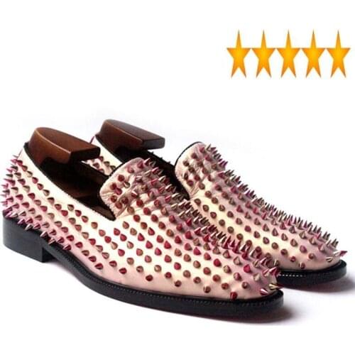 New Fashion Men Pink 2021 Night Club Party Slip On Loafers Handmade Rivet Wedding Genuine Leather Dress Shoes Plus Size Footwear