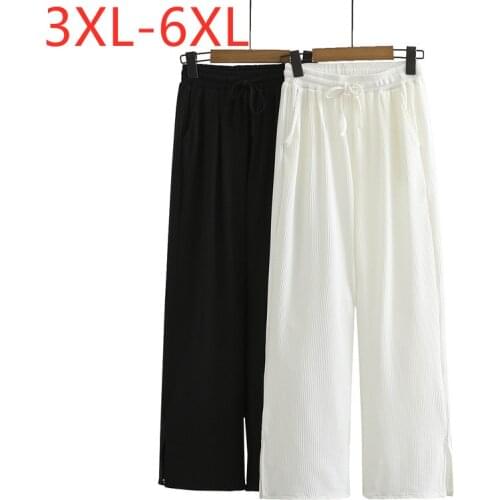 New 2021 Ladies Summer Plus Size Long Pants For Women Large Loose Casual Belt Black White Wide Leg Trousers 3XL 4XL 5XL 6XL
