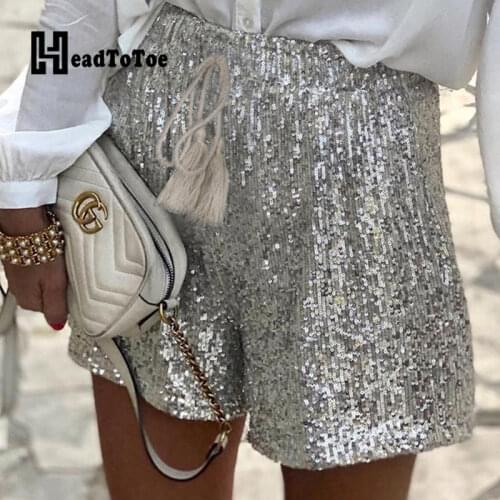 Solid Sequins Glitter Sexy Fashion Woman Shorts Straight High Waist Shorts for Women