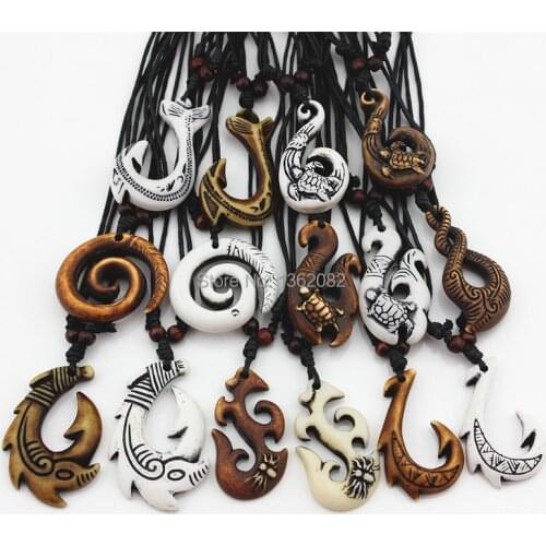 Wholesale lot 15pcs Mixed Hawaiian Jewelry Imitation Bone Carved NZ Maori Fish Hook Pendant Necklace Choker Amulet Gift MN542