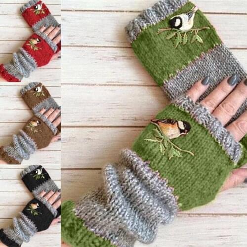 Fashion Birds Embroidery Gloves Women Knitted Fingerless Plus Velvet Color Block Splice Mittens Girls Gloves Rekawiczki Damskie