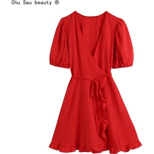 2021 Summer New Fashion Red Wrap Short-Sleeve Dress V-Neck Belt High-Waist Ruffled Mini Dress Solid Color Vestido