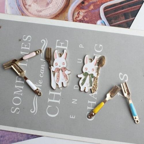 Charm Pendants Cartoon Rabbit 10pcs Drop Oil Enamel Fork Pendant Diy Charms for Jewelry Making Charms for Necklace Bracelet