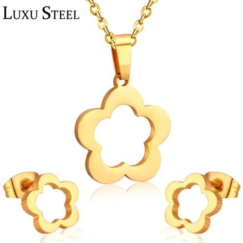 LUXUSTEEL Simple Style Hollow Out Flower Pendant Necklace Earring Sets For Women/Girl Stainless Steel Earring Fashion Jewelry