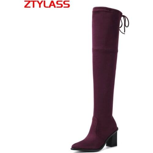 Fashion Slip On Square High Heel Boots Women Faux Suede Over The Knee Boots Ladies Pointed Toe Autumn WInter Stretch Boots