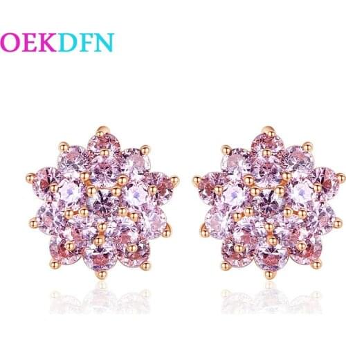 OEKDFN 100% 925 Sterling Silver Stud Earrings Pink Sapphire Gemstone Flower Earrings Ear Studs Wedding Fine Jewelry Ladies Gift