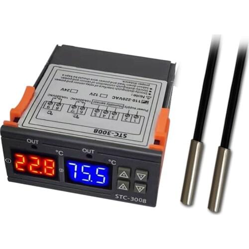 STC-3008 DC12V/24V/ AC110-220V Dual Display Dual Temperature Adjustable Temperature Controller with 1M Cable
