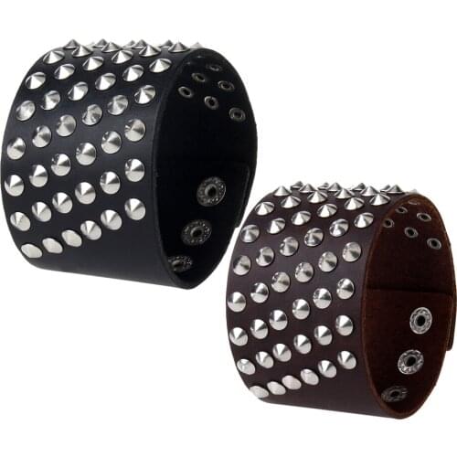 Unisex Gothic Rock 6 Rows Metal Stud Spikes Rivet PU Leather Wide Wristband Bangle
