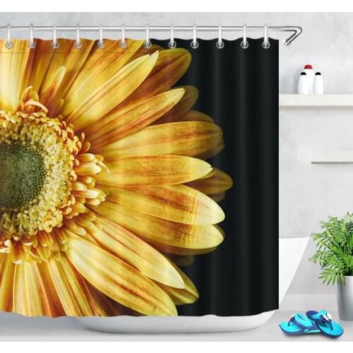 Waterproof Polyester Fabric Bath Curtain Yellow Flowers Sunflower Bathroom Curtain Washable Shower Curtains with 12 Hooks