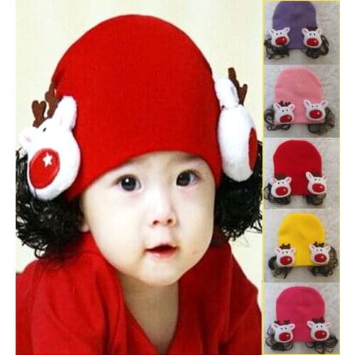 2020 Cute Korean Cute Cartoon Cow Baby Girls Toddler Kids Autumn Winter Knitted Crochet Beanie Cap Hat With Wigs Hair Headwear