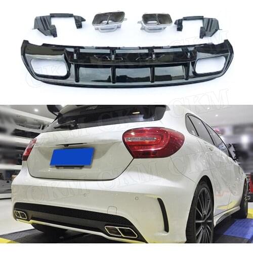 ABS Material Rear Bumper Lip Diffuser with Exhaust Tips 4 Outlet for Mercedes Benz W176 A45 AMG 2013-2019 Back Bumper Plate