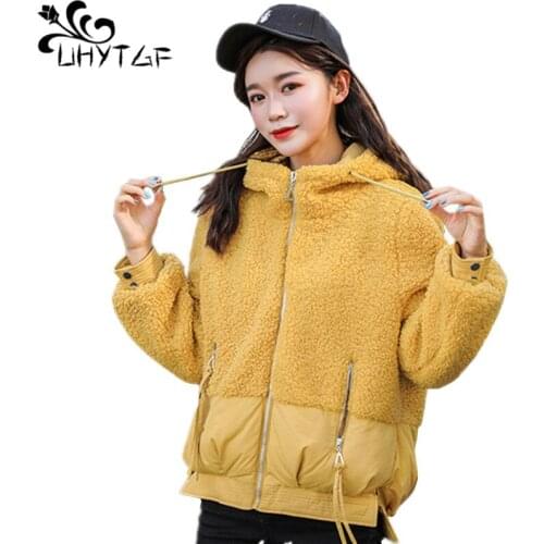 UHYTGF Winter Womens Parkas Fashion splice Hooded Jackets Short Female Down jacket Korean letter Thicken Cotton Coat Women X591