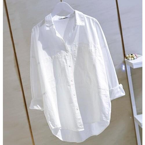 Washed Cotton Shirts Womens 2021 Korean Chic Front Pockets Drop Shoulder Long Sleeve Cotton White Tops Trend Oversize Blouse