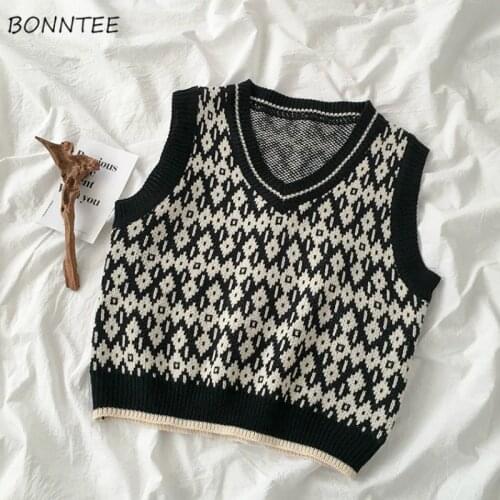 Vests Womens Streetwear Geometric Pullover V-Neck School Students Harajuku Vintage Knitting Elastic Trendy Chic Fashionable New