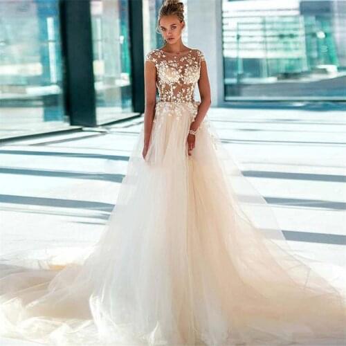 2020 Sexy Illusion Bodice Applique Lace Tulle A-line Prom Dresses vestido de festa Sweep Train Long Evening Dress For Women