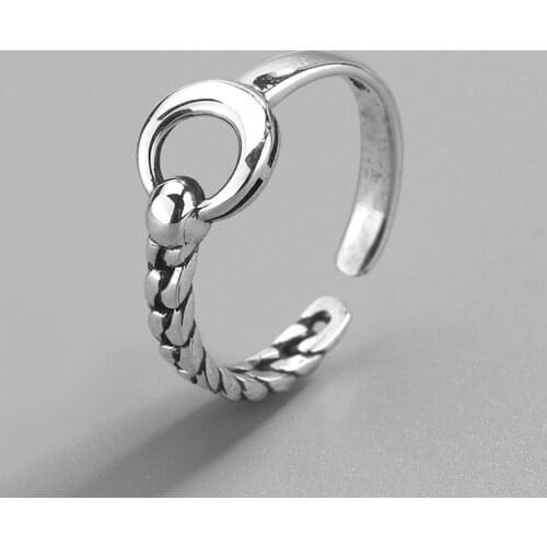 ANENJERY 925 Sterling Silver Vintage High Polish Moon Thai Silver Ring Irregular Lock Chain Open Finger Ring For Women S-R616