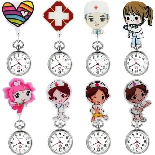 Lovely Cartoon Hard Plastic Retractable Women Mens Nurse Doctor Hospital Medical Smile Working Office FOB Pocket Watches Clock