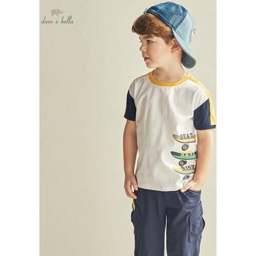 DKS16649-2 dave bella summer 5Y-13Y kids boys fashion cartoon letter print T-shirt children boy high quality fashion tees