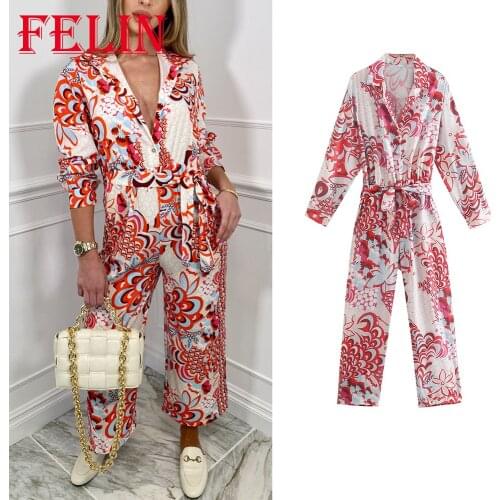 Women Boho Chic Floral Print V Neck Jumpsuits Za 2021 Sashes High Waist Vintage Jumpsuits Long Sleeve Elegant Rompers