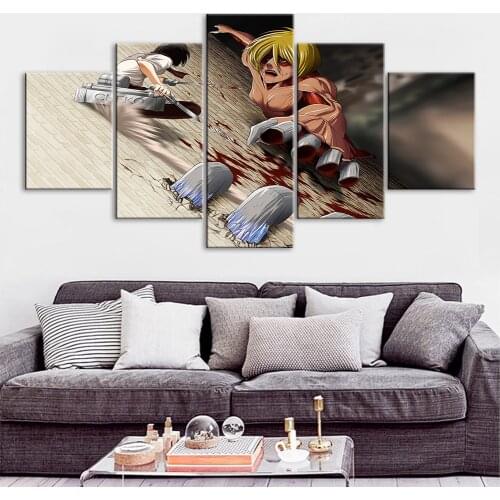 Home Decor Canvas Wall Art Anime Attack on Titan Painting Fight 5 Piece Pictures Printing Modular Artwork Poster For Living Room