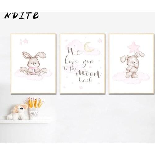 Cute Bunny Rabbit Cloud Animal Child Poster Nursery Quotes Canvas Wall Art Print Nordic Kids Bedroom Decoration Picture Painting