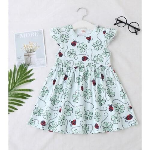 Fashion Summer Kids Dress for Girl Ladybug Four Leaf Clover Print Flying Sleeve Toddler Girl Dress Baby Girl Summer Clothes 1-6Y