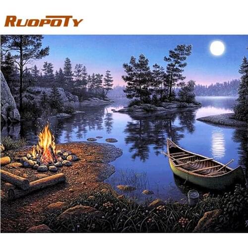 RUOPOTY Diy Oil Painting By Numbers Moon Night Bonfire Landscape Paint Kits Framed Home Decor Wall Artcraft Diy Gift Drawing Pai
