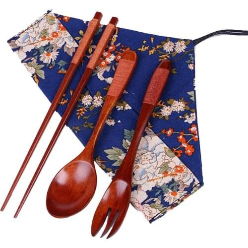 3pc Set Natural Wooden Tableware Brown Binding Line Gift Kitchen Accessories Gadgets Chopsticks+Fork+Spoon Outdoor Travel