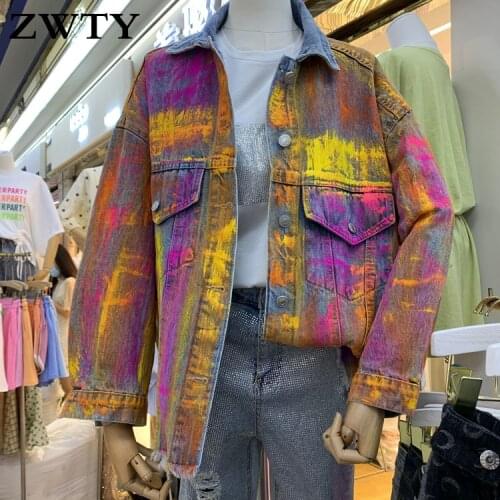 ZWTY Spring New Product All-match Color Contrast Stitching Raw edge Lapel Loose Thin Denim Jacket Female