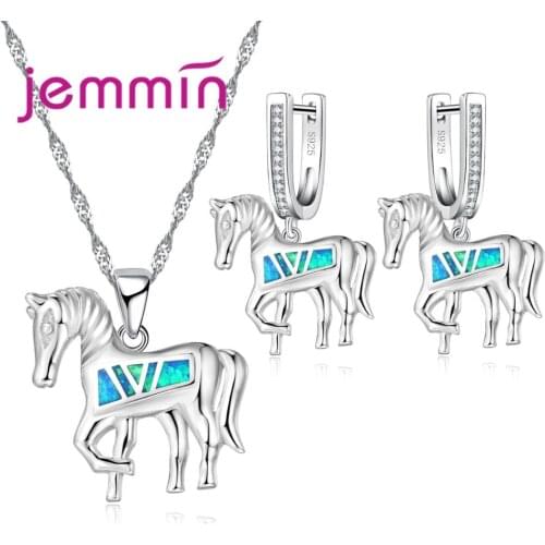 New Hot Horse Jewelry Fashion Blue Opal Stone 925 Sterling Silver Crystal Jewelry Set for Women Cute Necklace Earrings