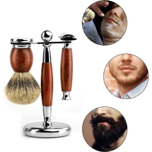 Professional 3 In 1 Men Luxury Manual Shaving Kit Beard Cleaning Brush Metal Shaver Razor Stand Holder Hair Trimmer Tool G99E