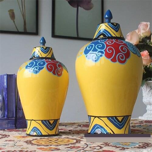 European Style Simple Modern Hand-painted Yellow Cloud Ceramic temple jar Wedding Room Model Living Room Handicraft ceramic jar