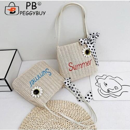 Handmade Shoulder Bag Summer Casual Bags Summer Vintage Woven Letters Embroidery Bucket Tote Bag Women Sunflower Handbags