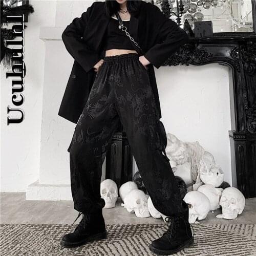 Ucuhulnl Streetwear Wide Leg Pants Women Gothic Harajuku Vintage Dargon Print Cargo Pants Female Punk Black Long Trousers