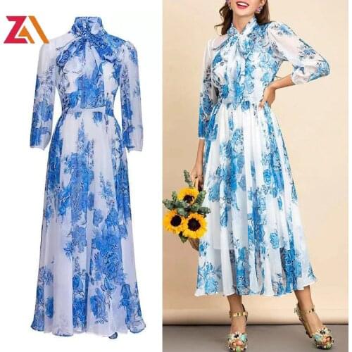 ZALady Summer Beach Boho Midi-long Dresses For Women Elegant Blue Bow Vintage Printed Vacation Casual Plus Size Dress Vestidos