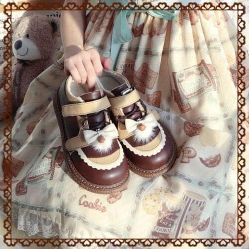 Designer Women Lolita Mary Janes Shoes Girls Hairball Bow Shoes Brand Winter Velvet Thick Heels Japanese Casual Vintage Platform