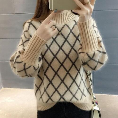 Sweaters Casual Fashion Women Lattice Turtleneck Female Imitation Cashmere Knit Sweater Autumn 2021 Korean Pullover Women Tops