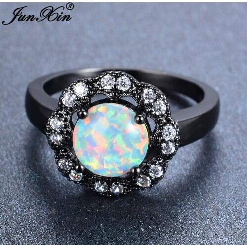 JUNXIN White Fire Opal Ring With Crystal AAA Zircon Black Gold Filled Jewelry Fashion Promise Engagement Rings For Women