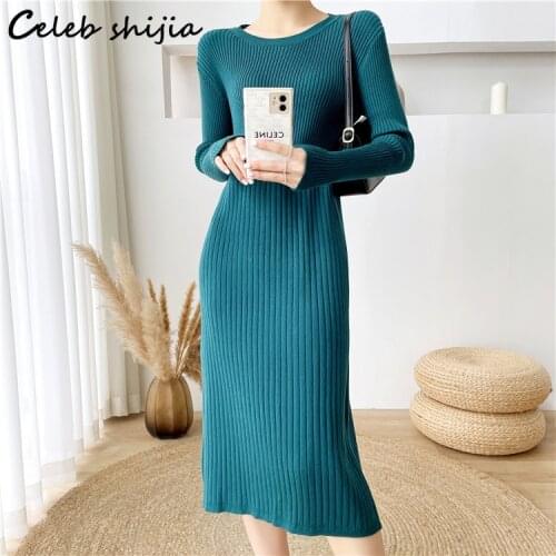 Korean Fashion O-neck Green Wool Dress Woman Fall 2021 Elegant Sweater Maxi Dress Winter High Waist Elastic Knitted Clothing